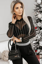 Load image into Gallery viewer, Black Rhinestone Decor Striped Mesh Long Sleeve Bodysuit - Fashion Queen - 3