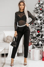 Load image into Gallery viewer, Black Rhinestone Decor Striped Mesh Long Sleeve Bodysuit - Fashion Queen - 5