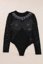 Load image into Gallery viewer, Black Rhinestone Sheer Mesh Long Sleeve Bodysuit - Fashion Queen - 12