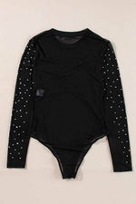 Load image into Gallery viewer, Black Rhinestone Sheer Mesh Long Sleeve Bodysuit - Fashion Queen - 13