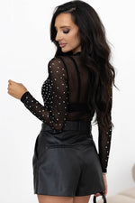 Load image into Gallery viewer, Black Rhinestone Sheer Mesh Long Sleeve Bodysuit - Fashion Queen - 2