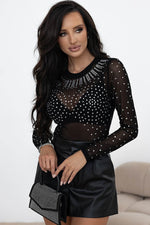 Load image into Gallery viewer, Black Rhinestone Sheer Mesh Long Sleeve Bodysuit - Fashion Queen - 3