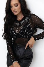 Load image into Gallery viewer, Black Rhinestone Sheer Mesh Long Sleeve Bodysuit - Fashion Queen - 4