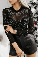 Load image into Gallery viewer, Black Rhinestone Sheer Mesh Long Sleeve Bodysuit - Fashion Queen - 7