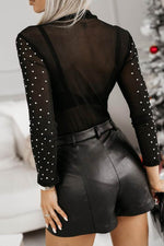 Load image into Gallery viewer, Black Rhinestone Sheer Mesh Long Sleeve Bodysuit - Fashion Queen - 8