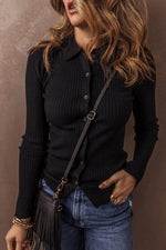 Load image into Gallery viewer, Black Ribbed Knit Collared Slim Fit Sweater Cardigan - Fashion Queen - 4