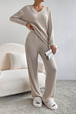 Load image into Gallery viewer, Black Ribbed Knit V Neck Slouchy Two-piece Outfit - Fashion Queen - 10