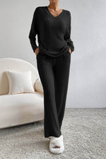 Load image into Gallery viewer, Black Ribbed Knit V Neck Slouchy Two-piece Outfit - Fashion Queen - 13