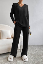 Load image into Gallery viewer, Black Ribbed Knit V Neck Slouchy Two-piece Outfit - Fashion Queen - 14