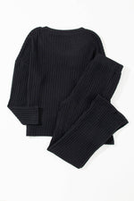 Load image into Gallery viewer, Black Ribbed Knit V Neck Slouchy Two-piece Outfit - Fashion Queen - 15