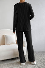 Load image into Gallery viewer, Black Ribbed Knit V Neck Slouchy Two-piece Outfit - Fashion Queen - 2