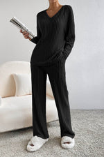 Load image into Gallery viewer, Black Ribbed Knit V Neck Slouchy Two-piece Outfit - Fashion Queen - 3
