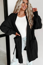 Load image into Gallery viewer, Black Ribbed Trim Eyelet Cable Knit Cardigan - Fashion Queen - 11