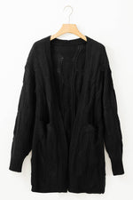 Load image into Gallery viewer, Black Ribbed Trim Eyelet Cable Knit Cardigan - Fashion Queen - 12