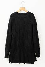 Load image into Gallery viewer, Black Ribbed Trim Eyelet Cable Knit Cardigan - Fashion Queen - 13