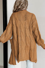 Load image into Gallery viewer, Black Ribbed Trim Eyelet Cable Knit Cardigan - Fashion Queen - 22