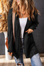 Load image into Gallery viewer, Black Ribbed Trim Eyelet Cable Knit Cardigan - Fashion Queen - 7