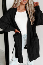 Load image into Gallery viewer, Black Ribbed Trim Eyelet Cable Knit Cardigan - Fashion Queen - 8