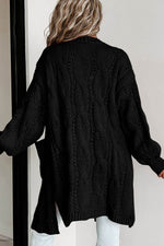 Load image into Gallery viewer, Black Ribbed Trim Eyelet Cable Knit Cardigan - Fashion Queen - 9