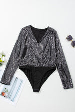 Load image into Gallery viewer, Black Sequin Mesh Long Sleeve Surplice Neck Bodysuit - Fashion Queen - 11