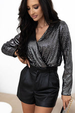 Load image into Gallery viewer, Black Sequin Mesh Long Sleeve Surplice Neck Bodysuit - Fashion Queen - 3