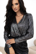 Load image into Gallery viewer, Black Sequin Mesh Long Sleeve Surplice Neck Bodysuit - Fashion Queen - 4