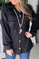 Load image into Gallery viewer, Black Sequin Patch Chest Pocket Corded Shacket - Fashion Queen - 1