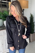 Load image into Gallery viewer, Black Sequin Patch Chest Pocket Corded Shacket - Fashion Queen - 11