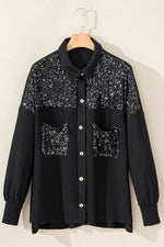 Load image into Gallery viewer, Black Sequin Patch Chest Pocket Corded Shacket - Fashion Queen - 12