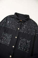 Load image into Gallery viewer, Black Sequin Patch Chest Pocket Corded Shacket - Fashion Queen - 14