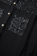 Load image into Gallery viewer, Black Sequin Patch Chest Pocket Corded Shacket - Fashion Queen - 15