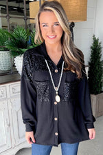 Load image into Gallery viewer, Black Sequin Patch Chest Pocket Corded Shacket - Fashion Queen - 3