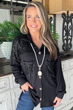 Load image into Gallery viewer, Black Sequin Patch Chest Pocket Corded Shacket - Fashion Queen - 7