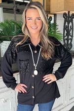 Load image into Gallery viewer, Black Sequin Patch Chest Pocket Corded Shacket - Fashion Queen - 9
