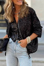 Load image into Gallery viewer, Black Sequin Zip up Round Neck Long Sleeve Jacket - Fashion Queen - 1