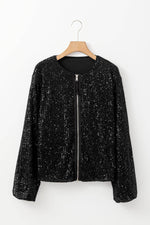 Load image into Gallery viewer, Black Sequin Zip up Round Neck Long Sleeve Jacket - Fashion Queen - 11
