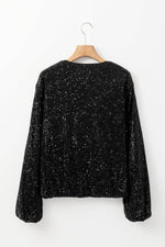 Load image into Gallery viewer, Black Sequin Zip up Round Neck Long Sleeve Jacket - Fashion Queen - 12