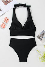 Load image into Gallery viewer, Black Sheer Mesh Edged Halter V Neck Push Up Bikini - Fashion Queen - 7