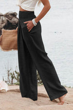 Load image into Gallery viewer, Black Shirred High Waist Plus Size Wide Leg Pants - Fashion Queen - 3