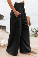 Load image into Gallery viewer, Black Shirred High Waist Plus Size Wide Leg Pants - Fashion Queen - 4