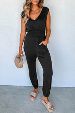 Load image into Gallery viewer, Black Shirred High Waist Sleeveless V Neck Jumpsuit - Fashion Queen - 1
