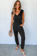 Load image into Gallery viewer, Black Shirred High Waist Sleeveless V Neck Jumpsuit - Fashion Queen - 3
