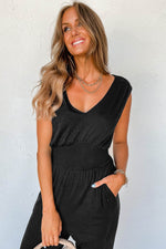 Load image into Gallery viewer, Black Shirred High Waist Sleeveless V Neck Jumpsuit - Fashion Queen - 4