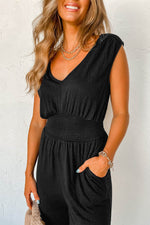Load image into Gallery viewer, Black Shirred High Waist Sleeveless V Neck Jumpsuit - Fashion Queen - 5