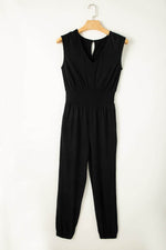 Load image into Gallery viewer, Black Shirred High Waist Sleeveless V Neck Jumpsuit - Fashion Queen - 6