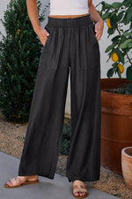 Load image into Gallery viewer, Black Side Pockets Frilled Smocked High Waist Wide Leg Jeans - Fashion Queen - 1