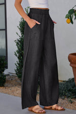Load image into Gallery viewer, Black Side Pockets Frilled Smocked High Waist Wide Leg Jeans - Fashion Queen - 2