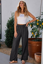 Load image into Gallery viewer, Black Side Pockets Frilled Smocked High Waist Wide Leg Jeans - Fashion Queen - 7