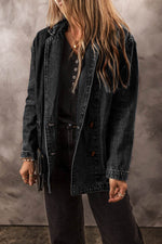 Load image into Gallery viewer, Black Side Pockets Lapel Collar Denim Jacket - Fashion Queen - 7