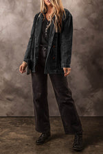 Load image into Gallery viewer, Black Side Pockets Lapel Collar Denim Jacket - Fashion Queen - 8